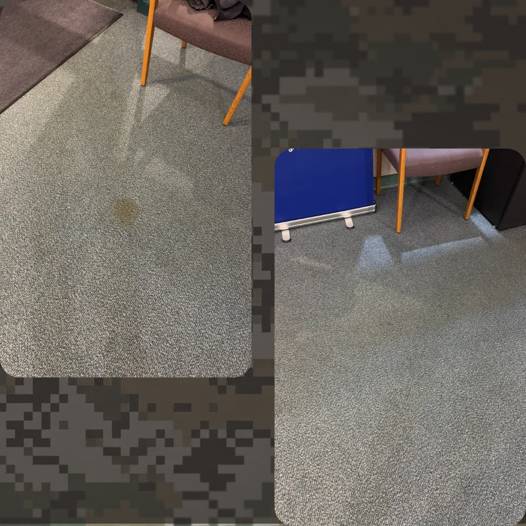 Carpet spot treatment, before and after, Easton, PA. Patriotic Office Cleaning.